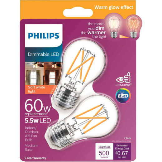 Philips Warm Glow 60W Equivalent A15 Medium Dimmable LED Light Bulb (2-Pack)